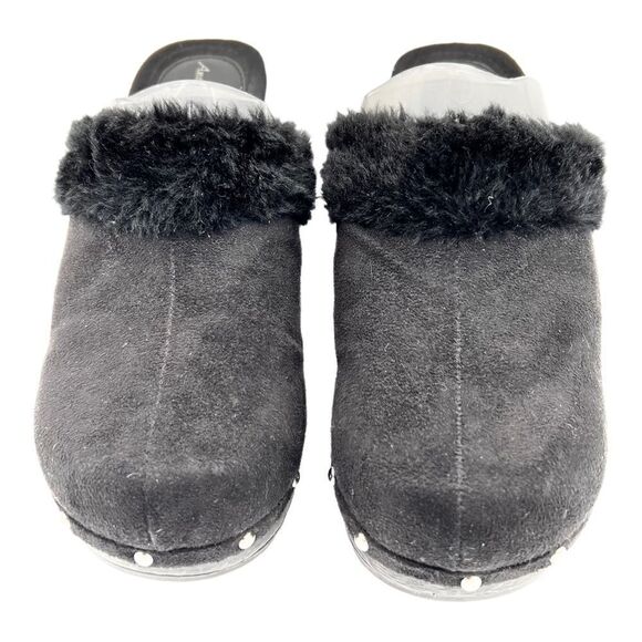 American Eagle Sz 10M Black Faux Suede Fur Trim Wedge Heel Clogs Slip On Shoes - Picture 2 of 9